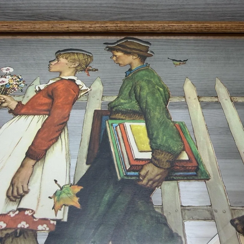 Norman Rockwell Walking to School Framed Mirror Oak Wood Vintage Wall Decor